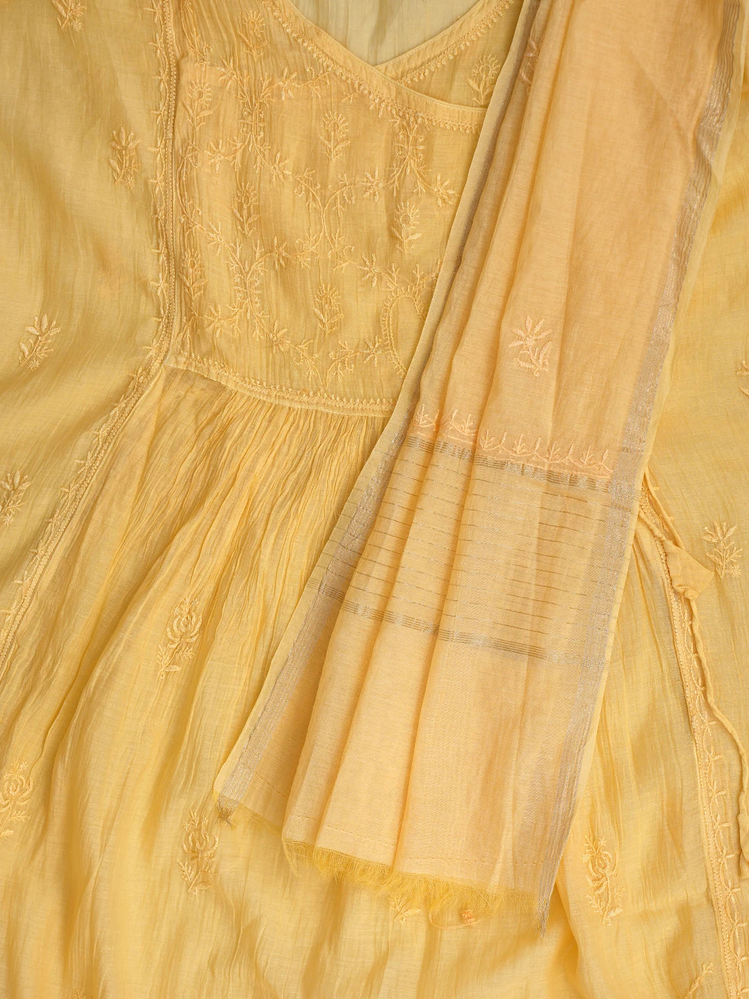 Ada Hand Embroidered Yellow Chanderi Lucknowi Chikankari Semi-Stitched Kurta Dupatta Set 01A741500