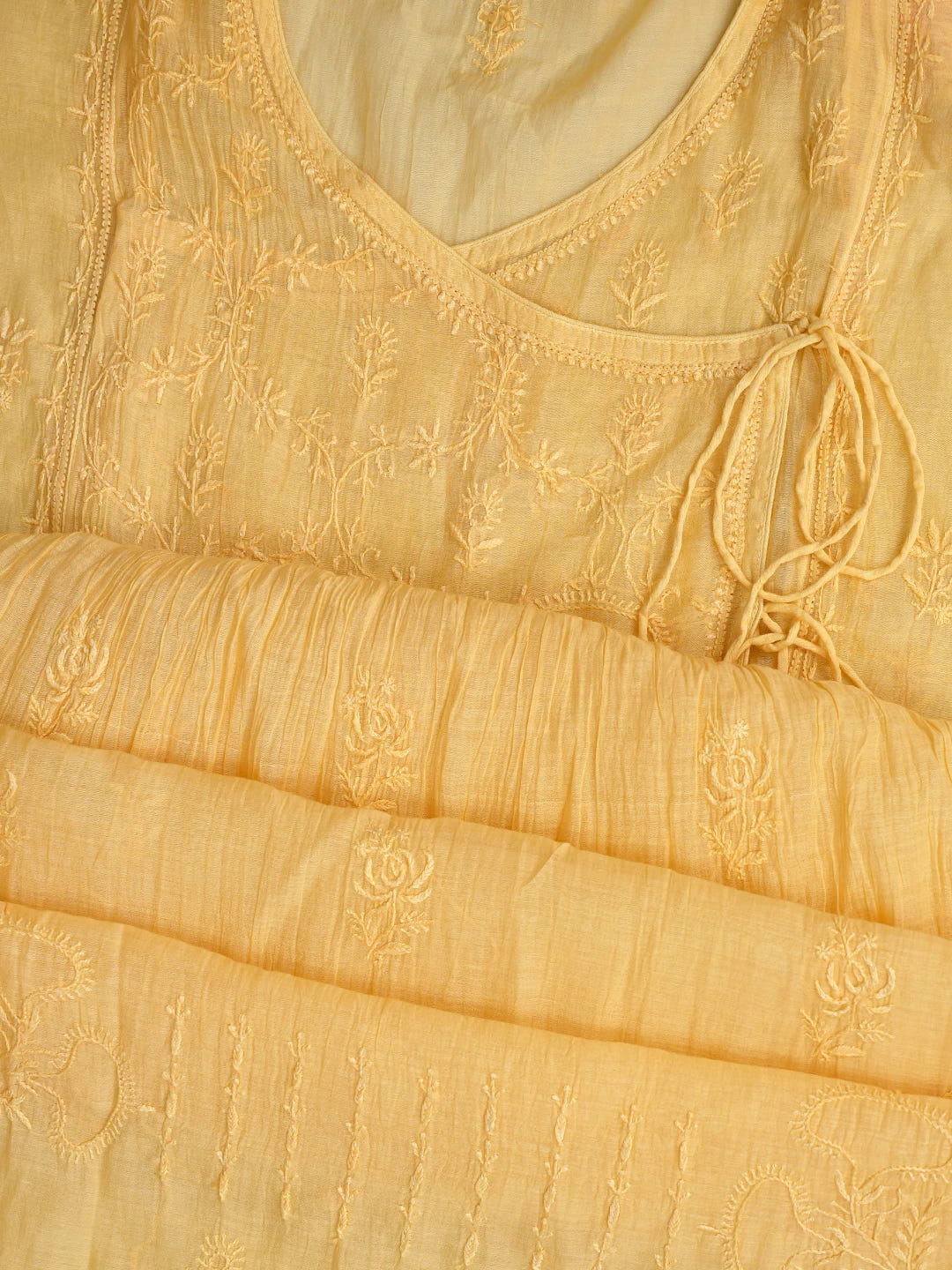 Ada Hand Embroidered Yellow Chanderi Lucknowi Chikankari Semi-Stitched Kurta Dupatta Set 01A741500