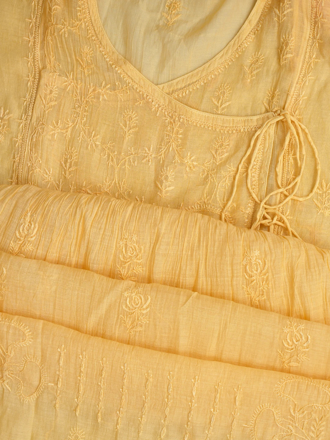 Ada Hand Embroidered Yellow Chanderi Lucknowi Chikankari Semi-Stitched Kurta Dupatta Set 01A741500