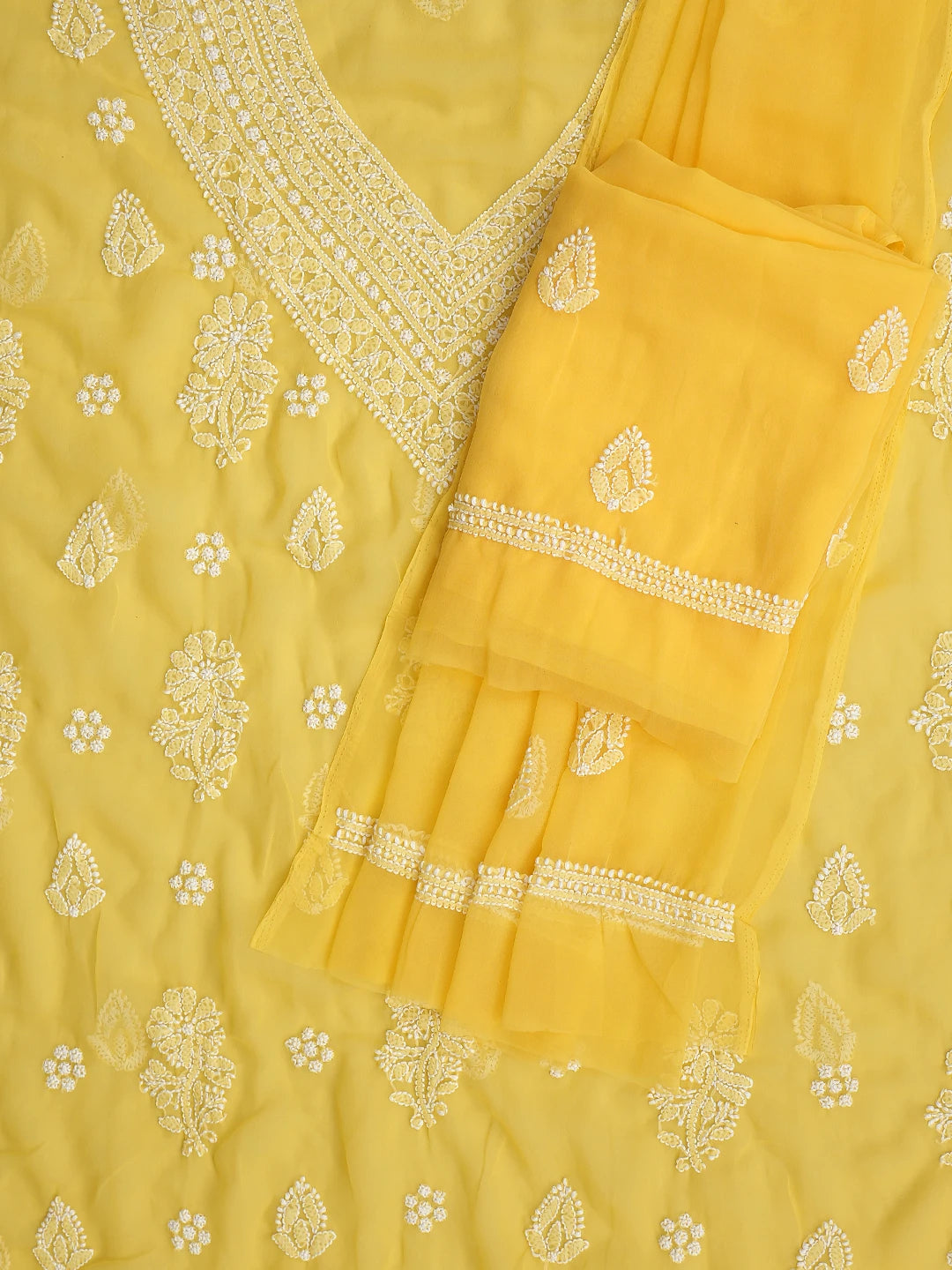 Ada Hand Embroidered Yellow Georgette Lucknowi Chikankari Unstitched Suit Piece 01A866866
