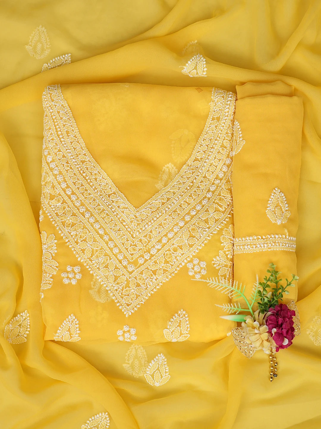 Ada Hand Embroidered Yellow Georgette Lucknowi Chikankari Unstitched Suit Piece 01A866866