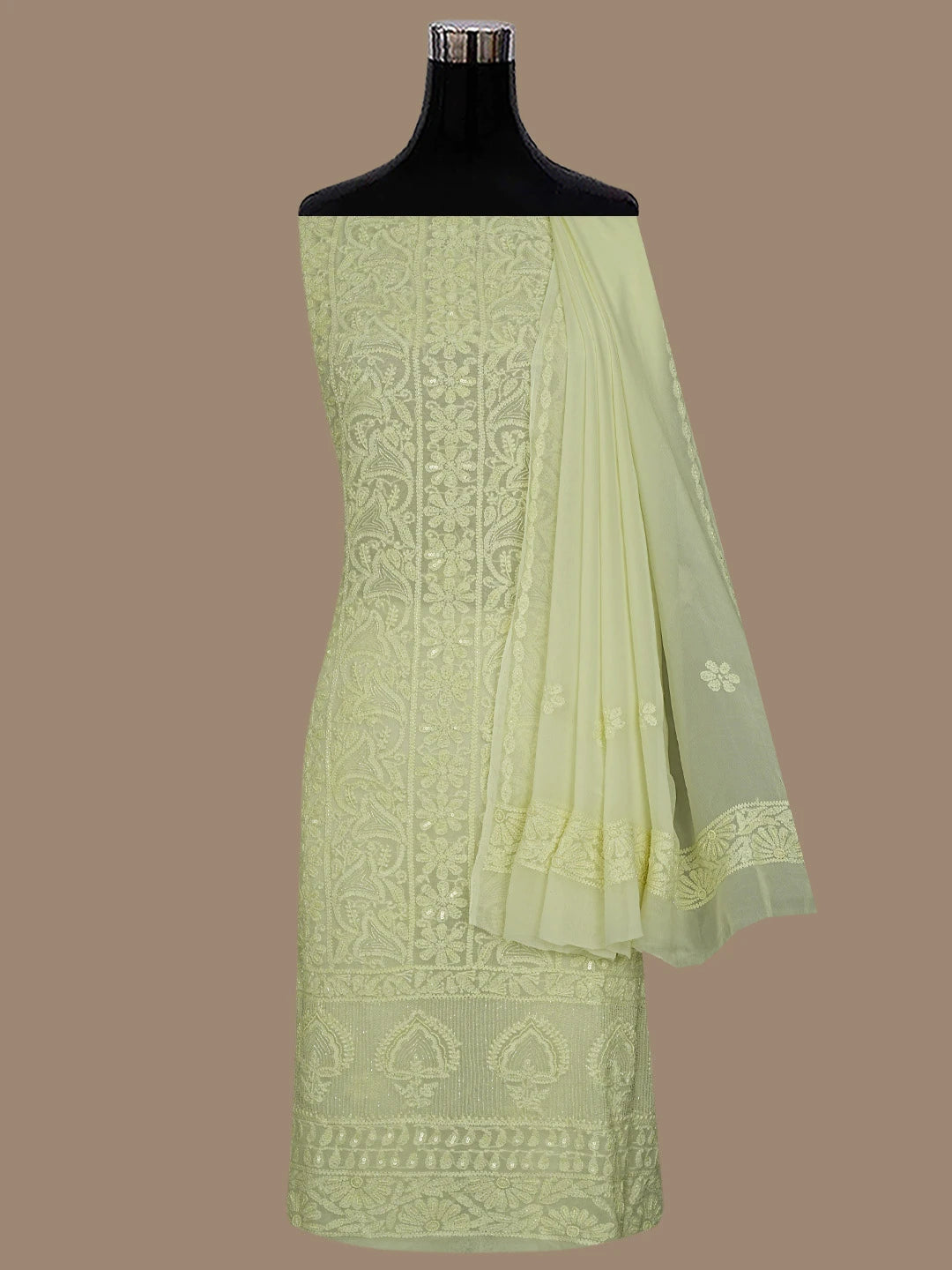 Ada Hand Embroidered Light Lemon Viscose Georgette Lucknowi Chikankari Unstitched Kurta Dupatta Set With Cutdana Work 01A792850