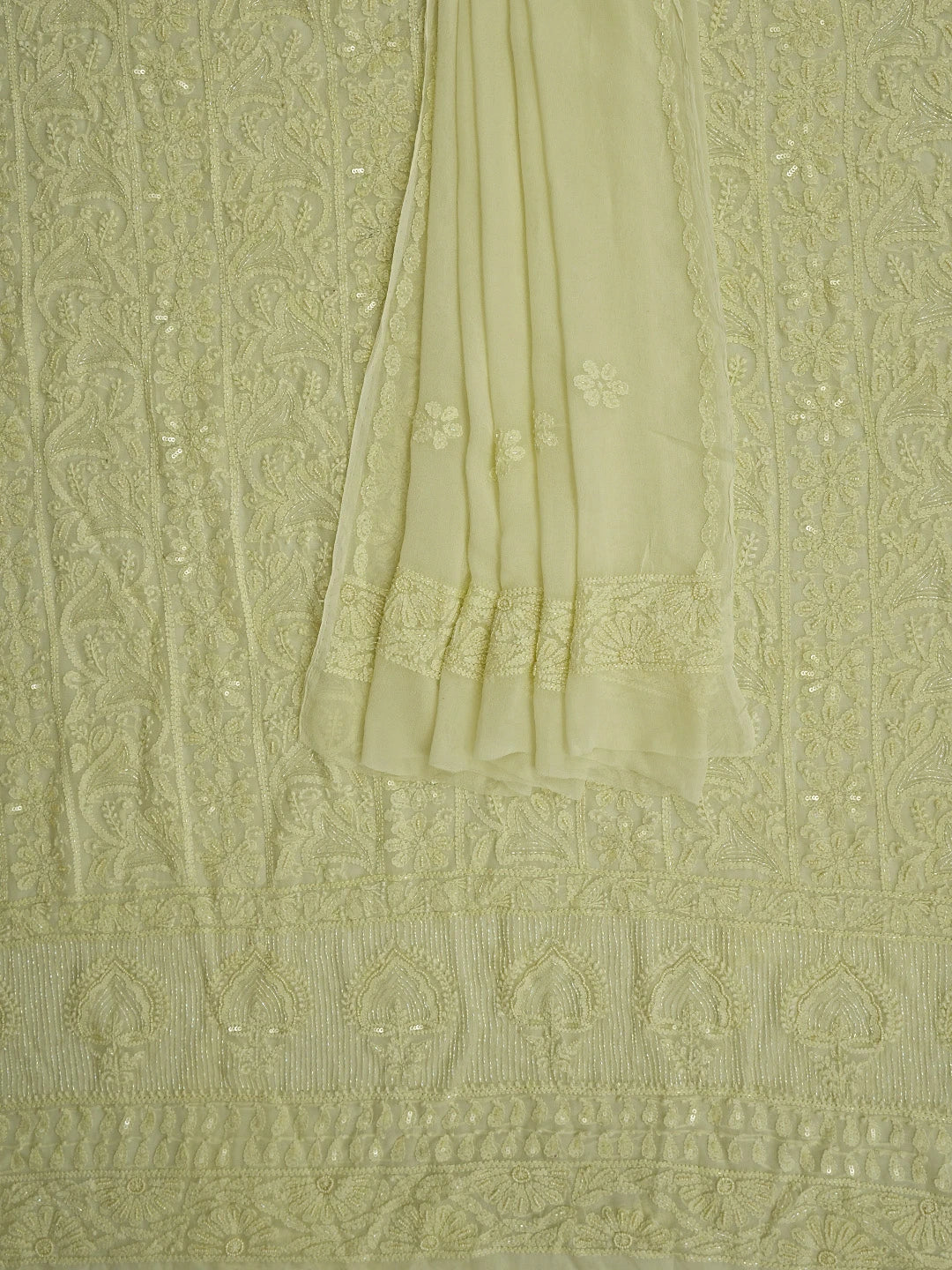 Ada Hand Embroidered Light Lemon Viscose Georgette Lucknowi Chikankari Unstitched Kurta Dupatta Set With Cutdana Work 01A792850
