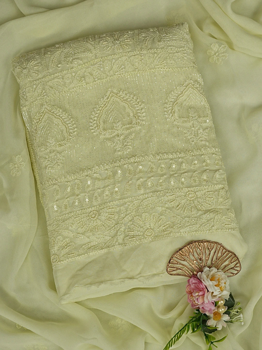 Ada Hand Embroidered Light Lemon Viscose Georgette Lucknowi Chikankari Unstitched Kurta Dupatta Set With Cutdana Work 01A792850
