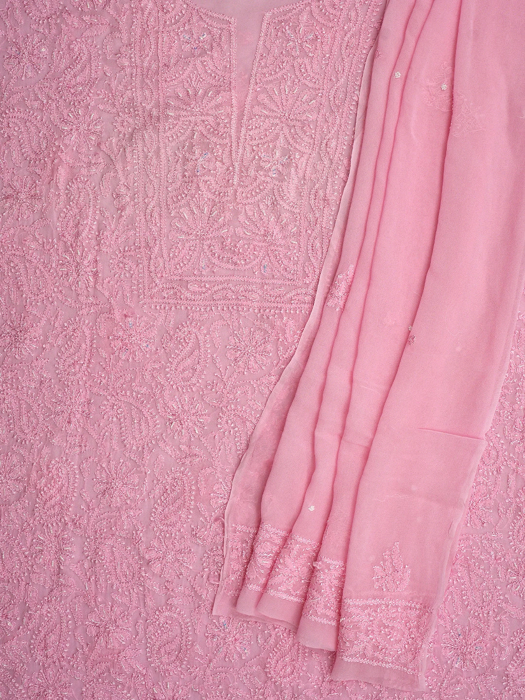 Ada Hand Embroidered Pink Viscose Georgette Lucknowi Chikankari Unstitched Kurta Dupatta Set With Cutdana Work 01A809970