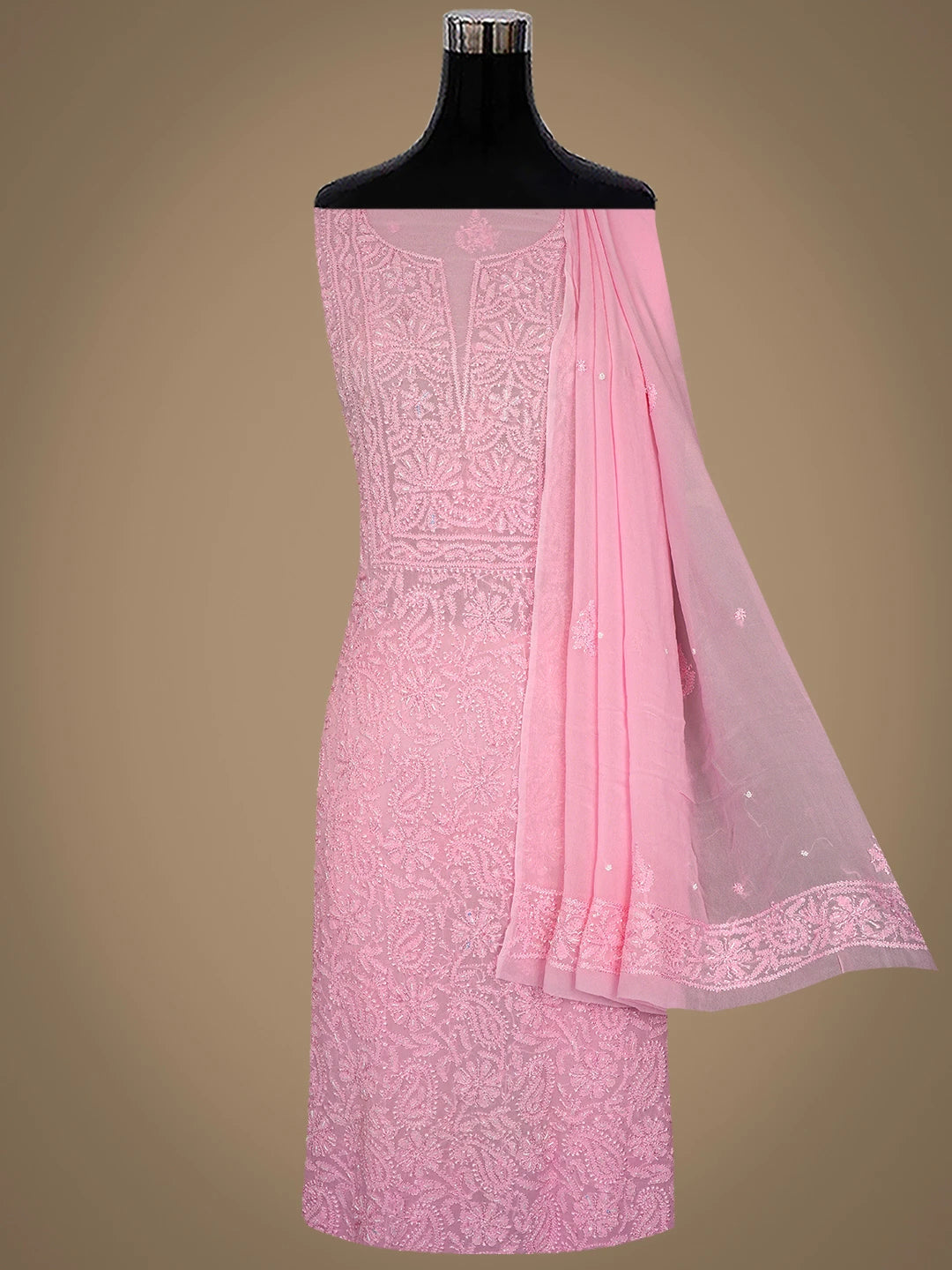 Ada Hand Embroidered Pink Viscose Georgette Lucknowi Chikankari Unstitched Kurta Dupatta Set With Cutdana Work 01A809970