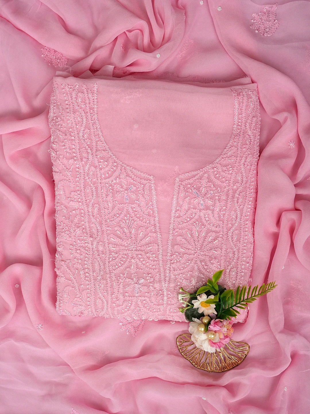 Ada Hand Embroidered Pink Viscose Georgette Lucknowi Chikankari Unstitched Kurta Dupatta Set With Cutdana Work 01A809970