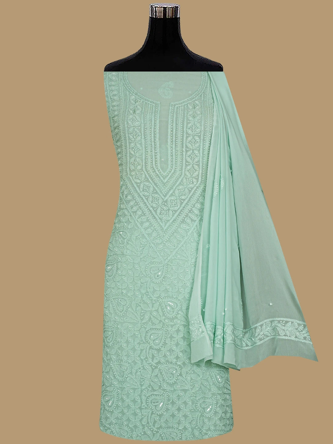 Ada Hand Embroidered Pistachio Green Viscose Georgette Lucknowi Chikankari Unstitched Kurta Dupatta Set With Pearl Work 01A706414