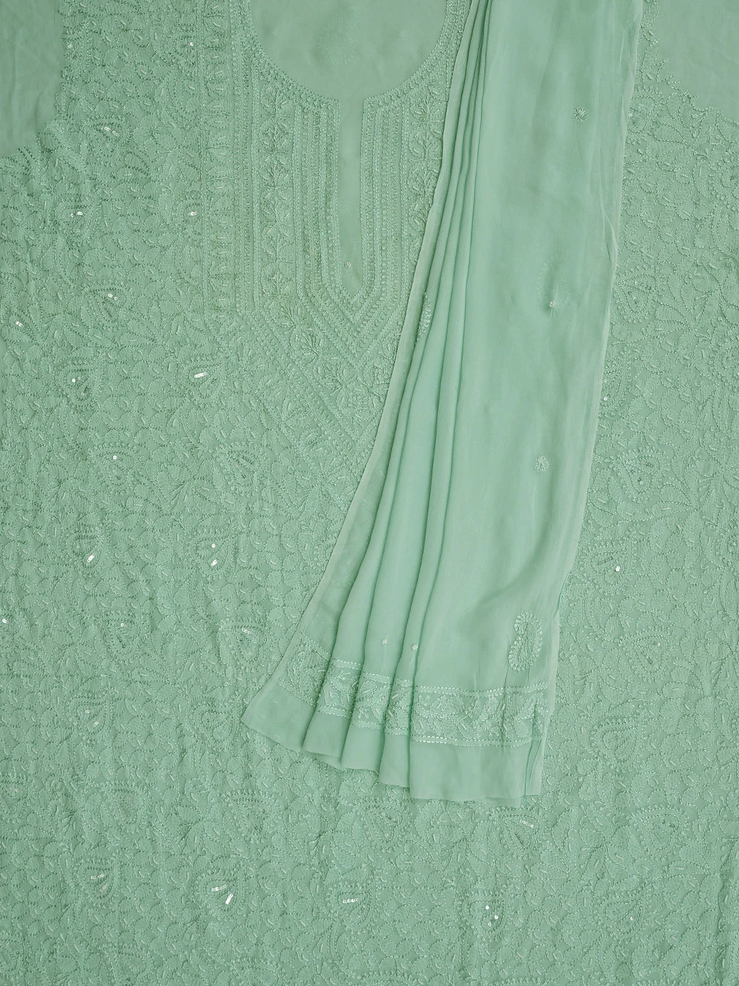 Ada Hand Embroidered Pistachio Green Viscose Georgette Lucknowi Chikankari Unstitched Kurta Dupatta Set With Pearl Work 01A706414