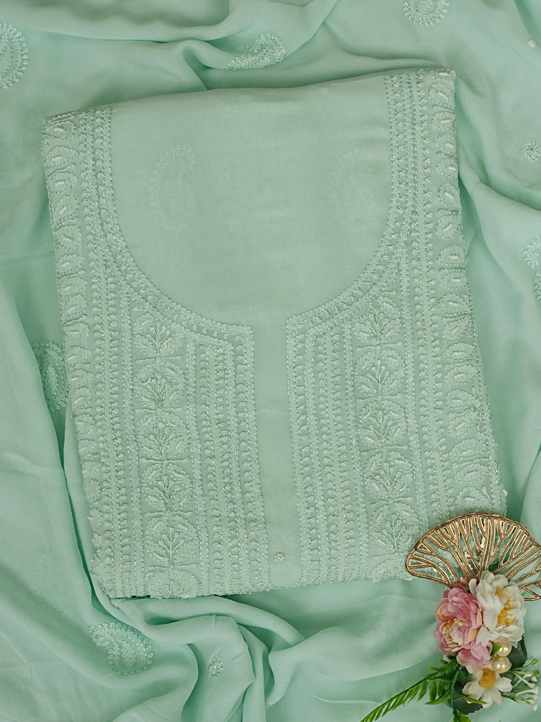 Ada Hand Embroidered Pistachio Green Viscose Georgette Lucknowi Chikankari Unstitched Kurta Dupatta Set With Pearl Work 01A706414