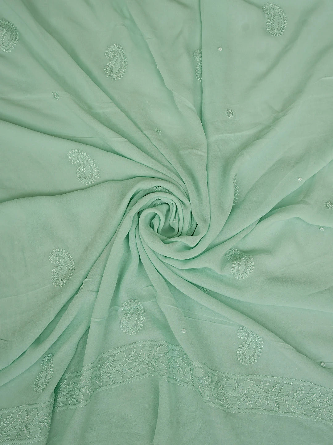 Ada Hand Embroidered Pistachio Green Viscose Georgette Lucknowi Chikankari Unstitched Kurta Dupatta Set With Pearl Work 01A706414
