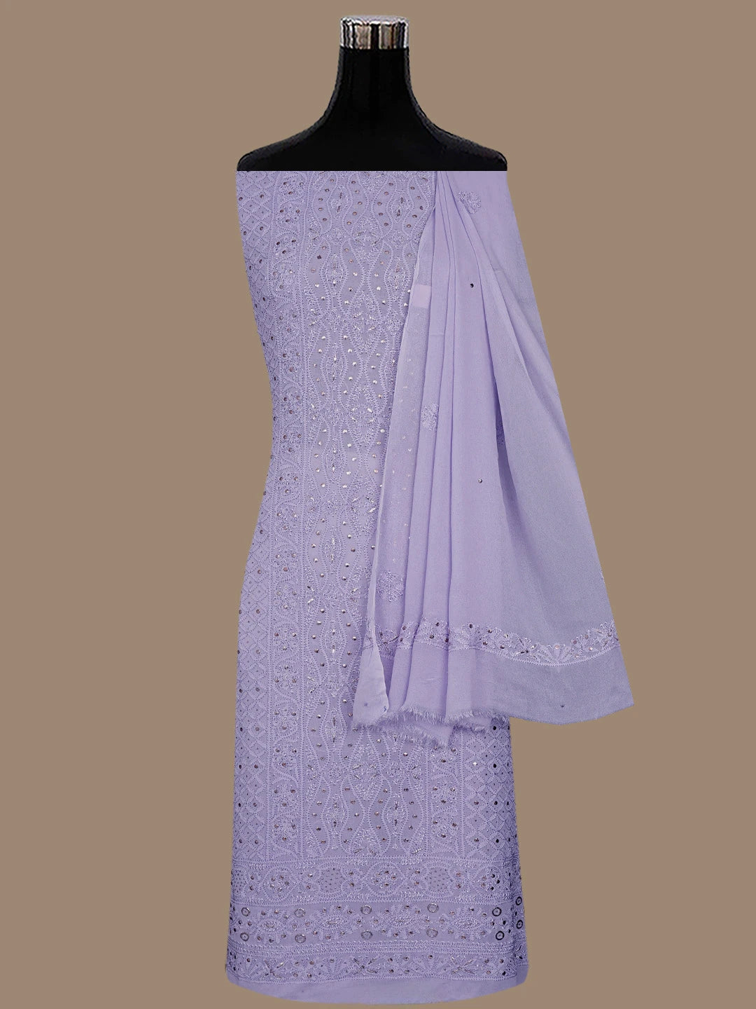 Ada Hand Embroidered Lavender Viscose Georgette Lucknowi Chikankari Unstitched Kurta Dupatta Set With Muqaish Work 01A814930