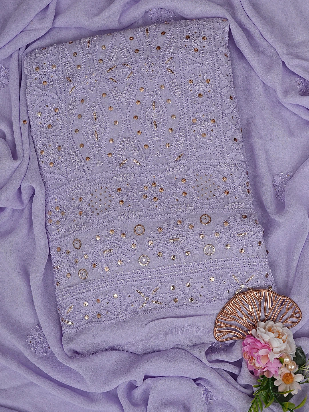 Ada Hand Embroidered Lavender Viscose Georgette Lucknowi Chikankari Unstitched Kurta Dupatta Set With Muqaish Work 01A814930