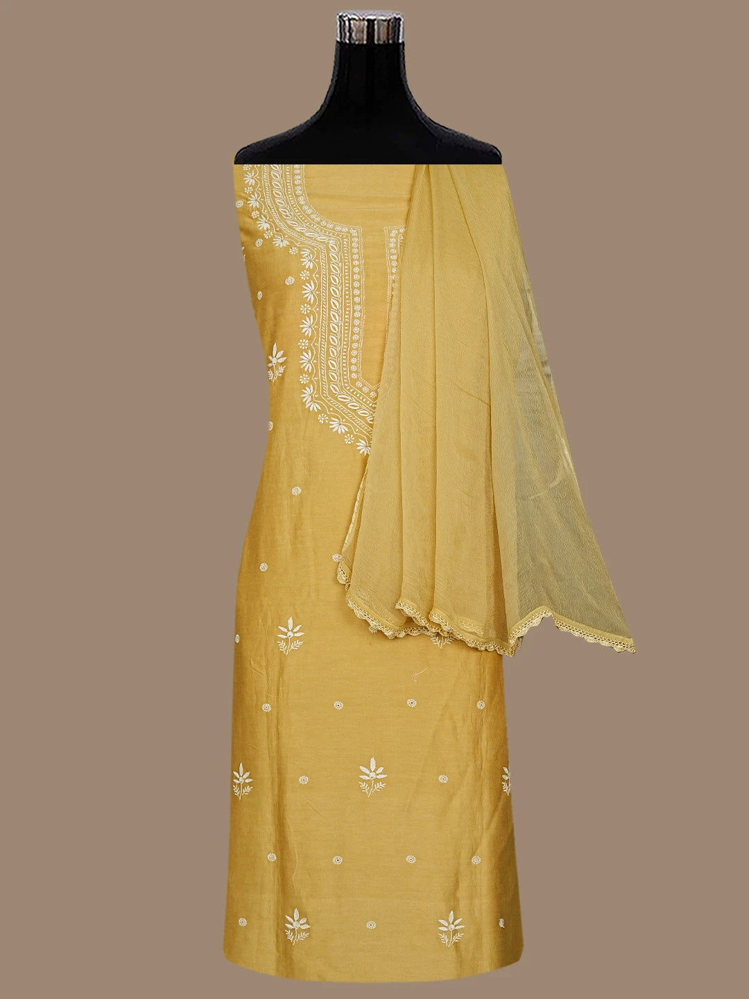 Ada Hand Embroidered Golden Yellow Chanderi Lucknowi Chikankari Unstitched Suit Piece 01A791844