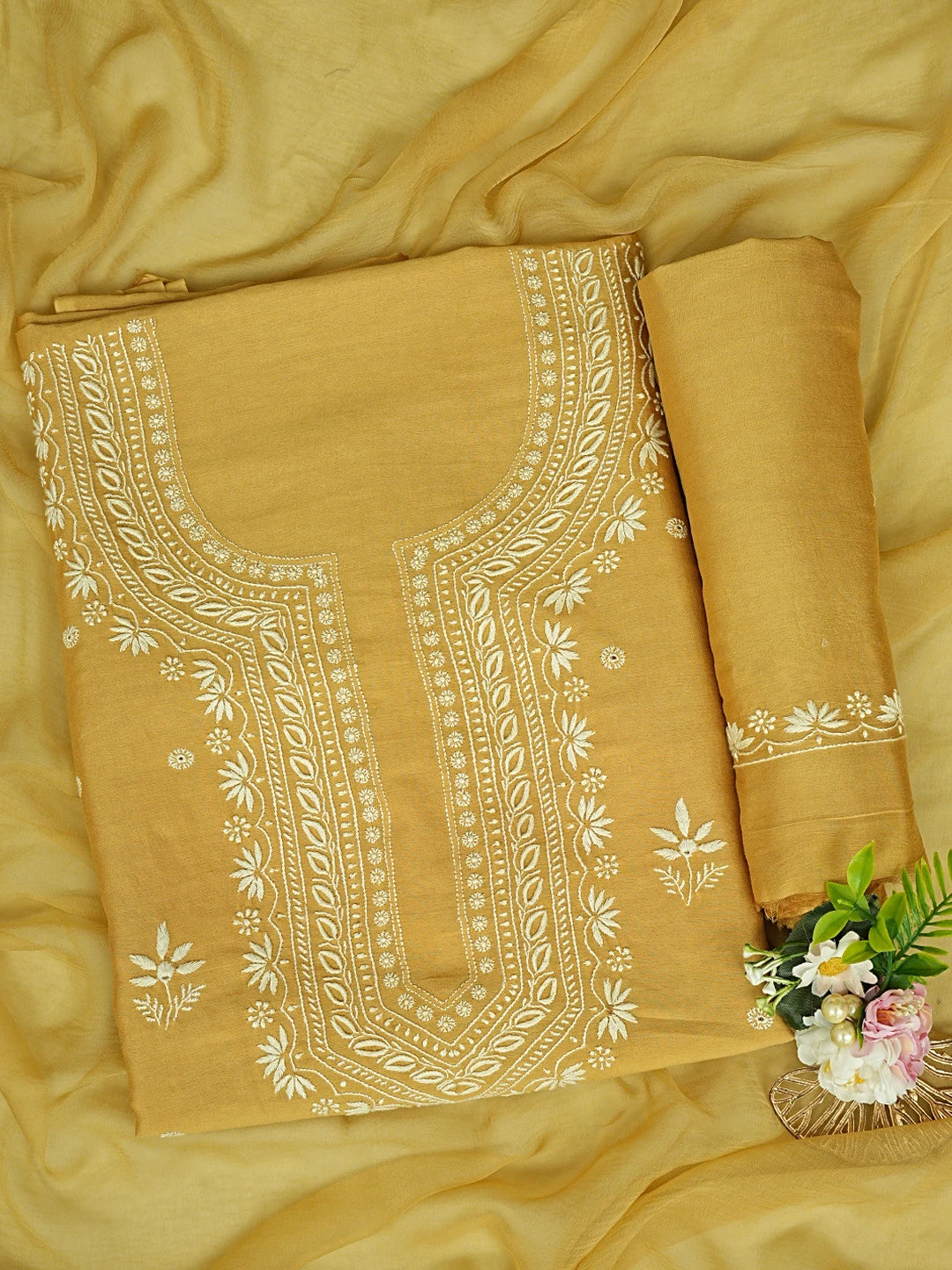 Ada Hand Embroidered Golden Yellow Chanderi Lucknowi Chikankari Unstitched Suit Piece 01A791844