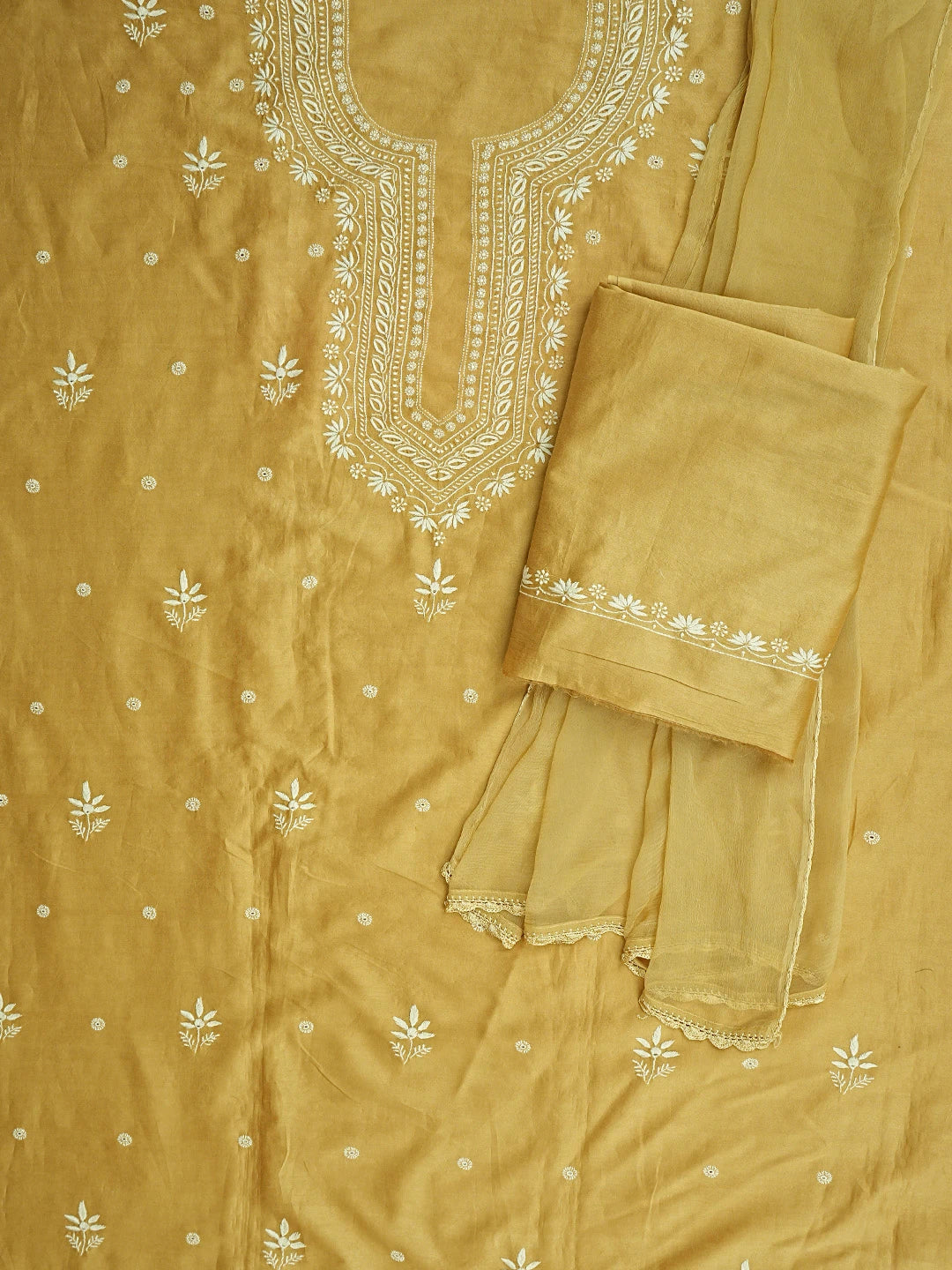 Ada Hand Embroidered Golden Yellow Chanderi Lucknowi Chikankari Unstitched Suit Piece 01A791844