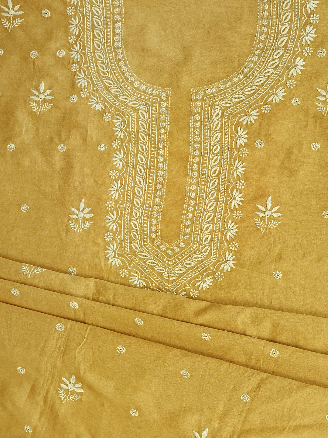 Ada Hand Embroidered Golden Yellow Chanderi Lucknowi Chikankari Unstitched Suit Piece 01A791844