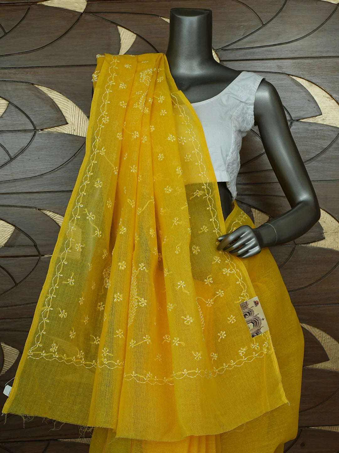 Ada Hand Embroidered Mustard Yellow Cotton Lucknowi Chikankari Saree and Blouse 01A854476