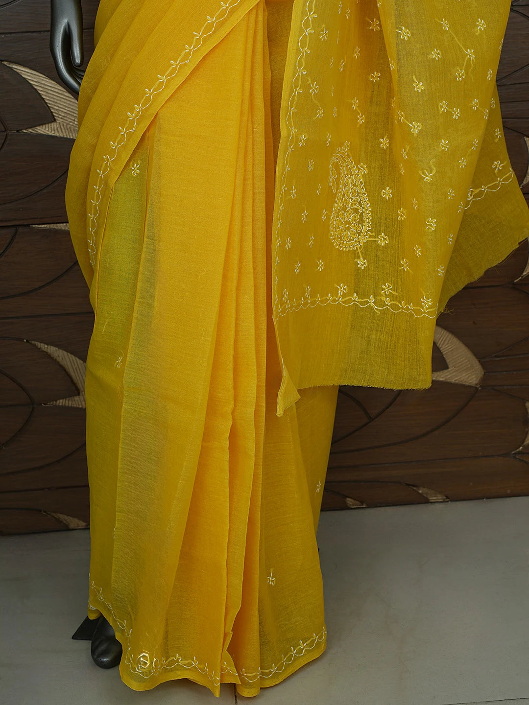 Ada Hand Embroidered Mustard Yellow Cotton Lucknowi Chikankari Saree and Blouse 01A854476