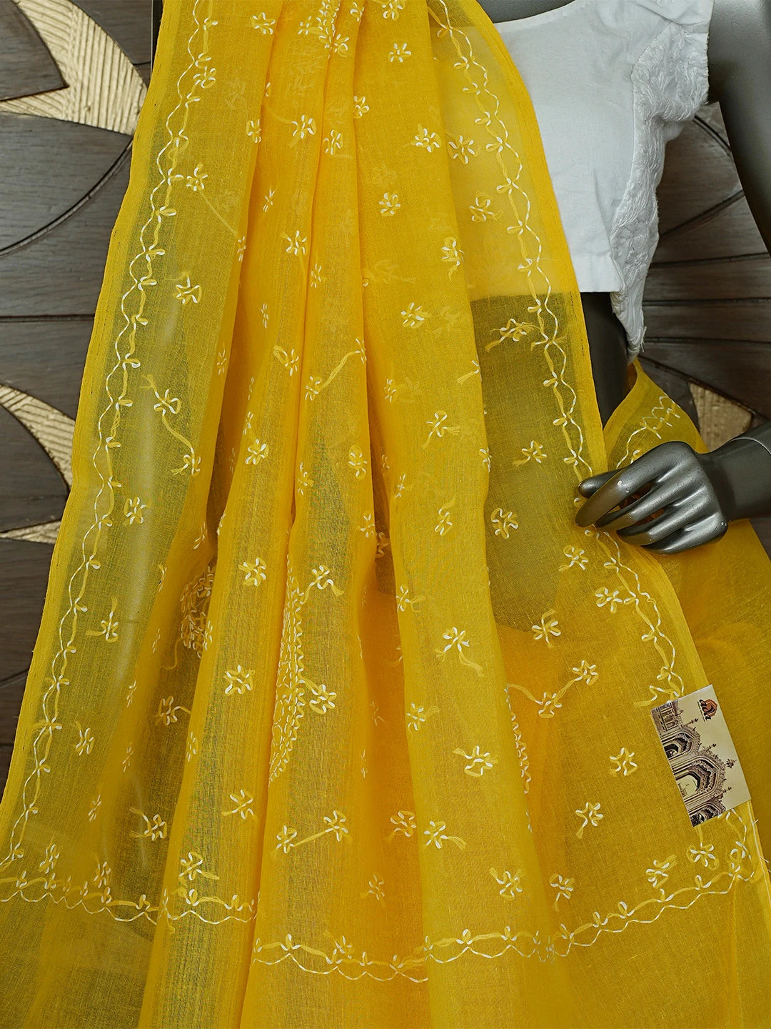 Ada Hand Embroidered Mustard Yellow Cotton Lucknowi Chikankari Saree and Blouse 01A854476