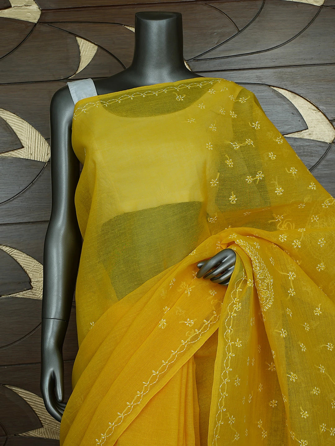 Ada Hand Embroidered Mustard Yellow Cotton Lucknowi Chikankari Saree and Blouse 01A854476