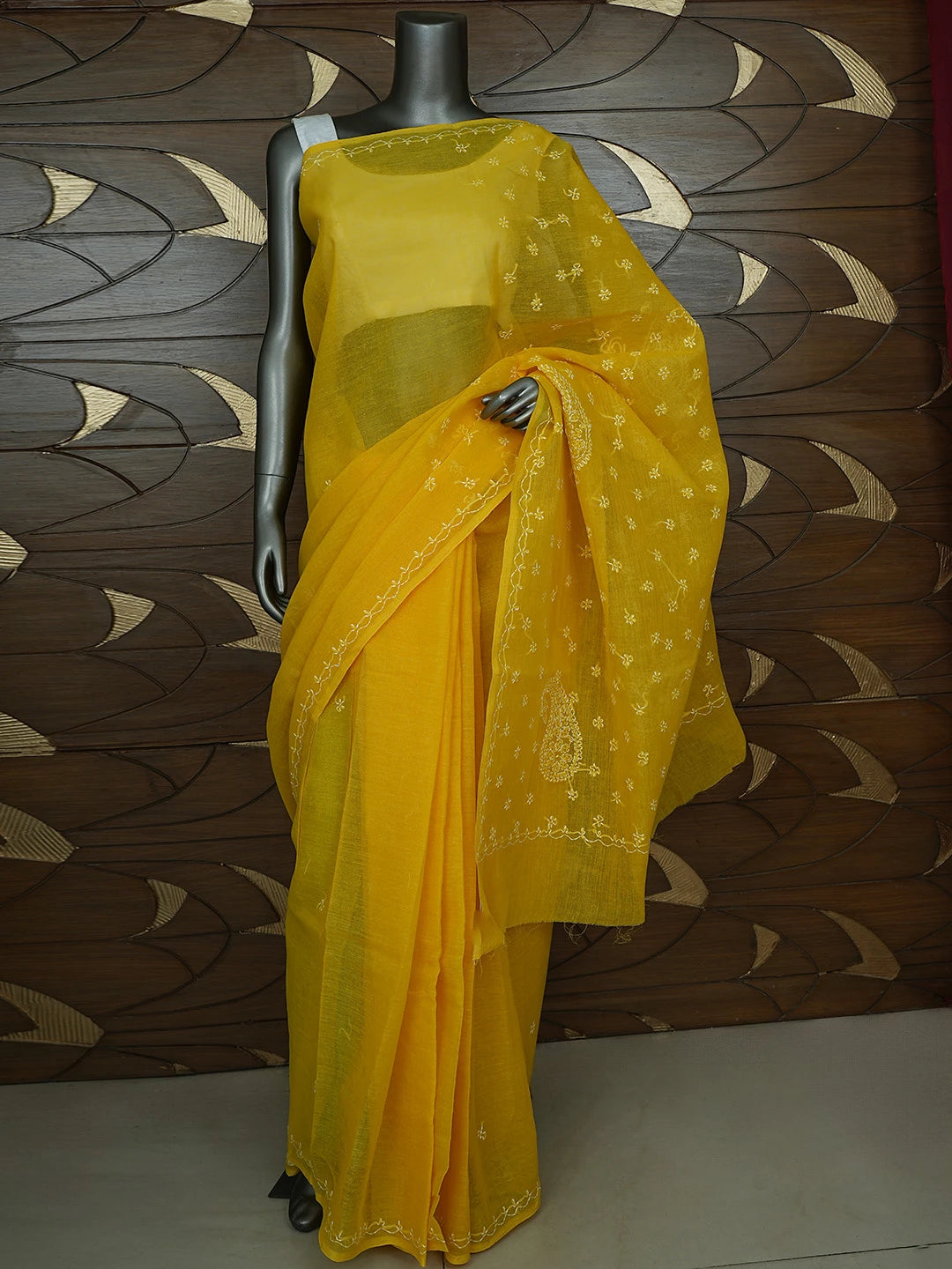 Ada Hand Embroidered Mustard Yellow Cotton Lucknowi Chikankari Saree and Blouse 01A854476