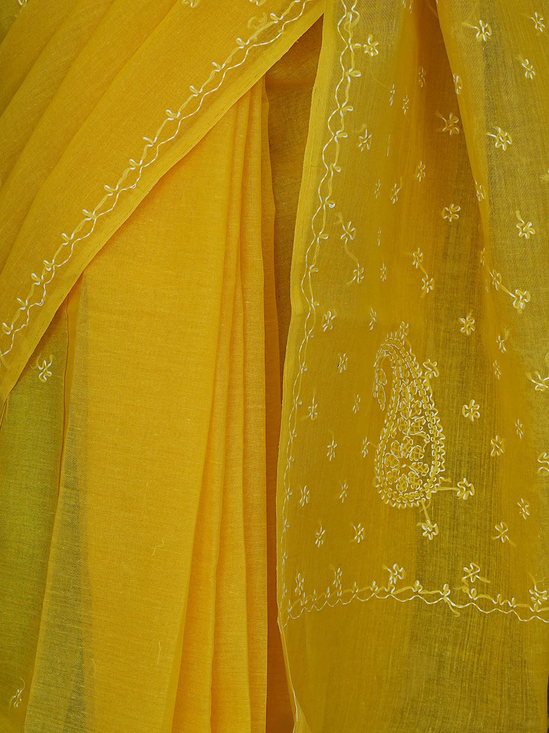 Ada Hand Embroidered Mustard Yellow Cotton Lucknowi Chikankari Saree and Blouse 01A854476