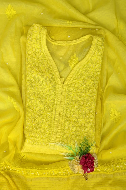 Ada Hand Embroidered Lime Green Chanderi Lucknowi Chikankari Semi-Stitched Kurta Dupatta Set With Cutdana Work 01A813874