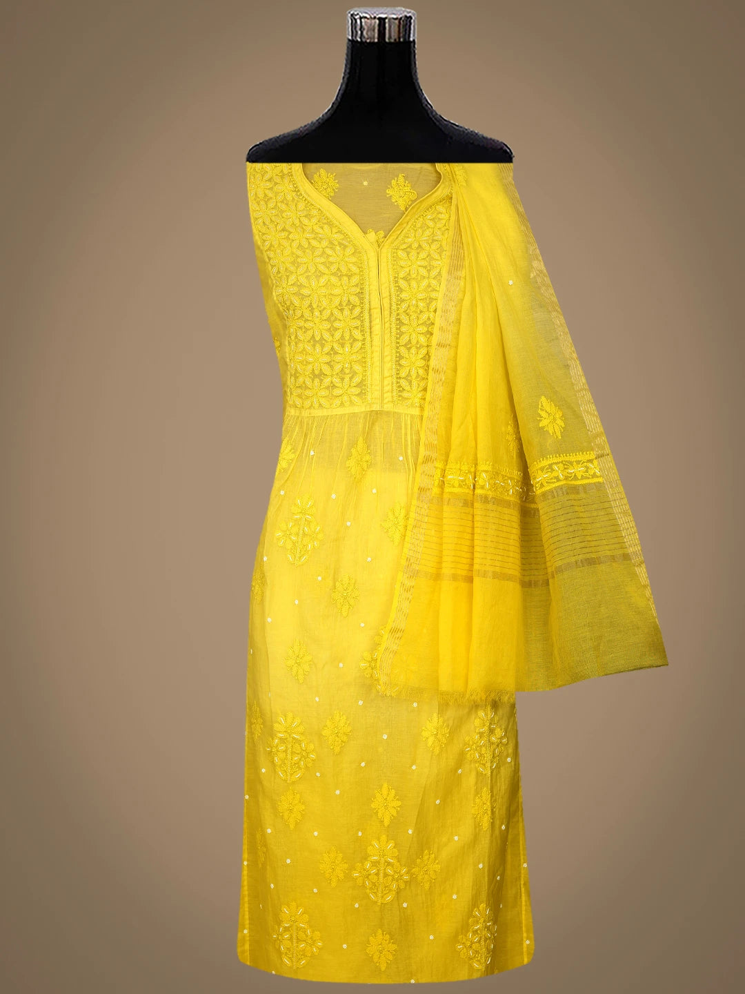 Ada Hand Embroidered Lime Green Chanderi Lucknowi Chikankari Semi-Stitched Kurta Dupatta Set With Cutdana Work 01A813874