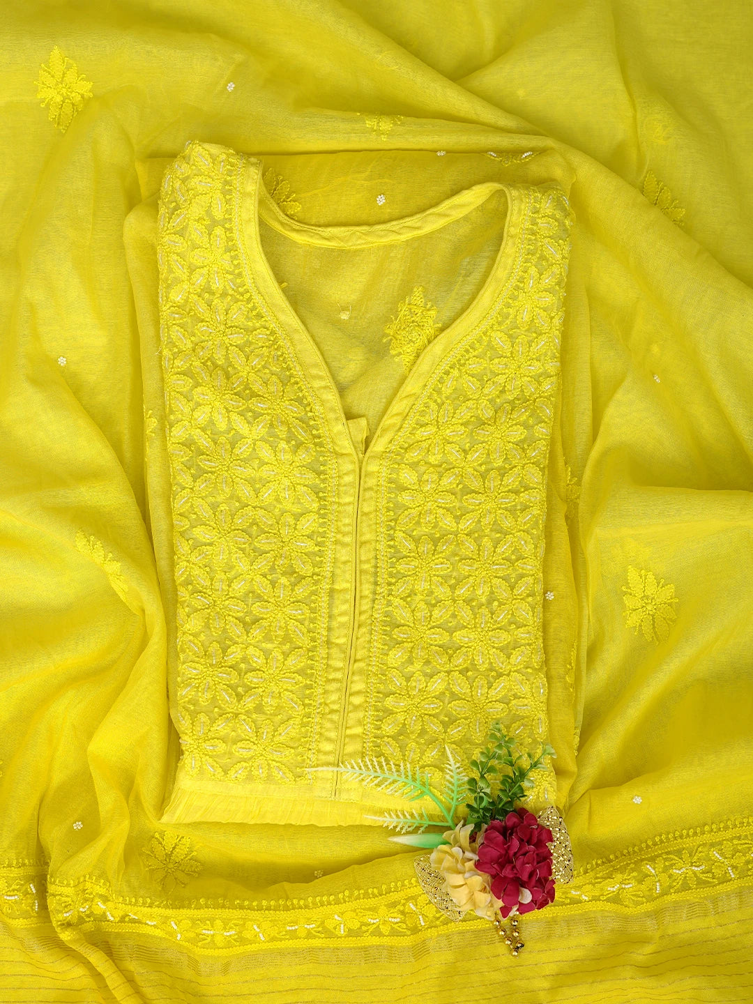 Ada Hand Embroidered Lime Green Chanderi Lucknowi Chikankari Semi-Stitched Kurta Dupatta Set With Cutdana Work 01A813874