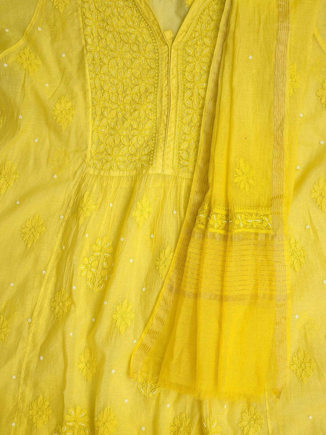 Ada Hand Embroidered Lime Green Chanderi Lucknowi Chikankari Semi-Stitched Kurta Dupatta Set With Cutdana Work 01A813874