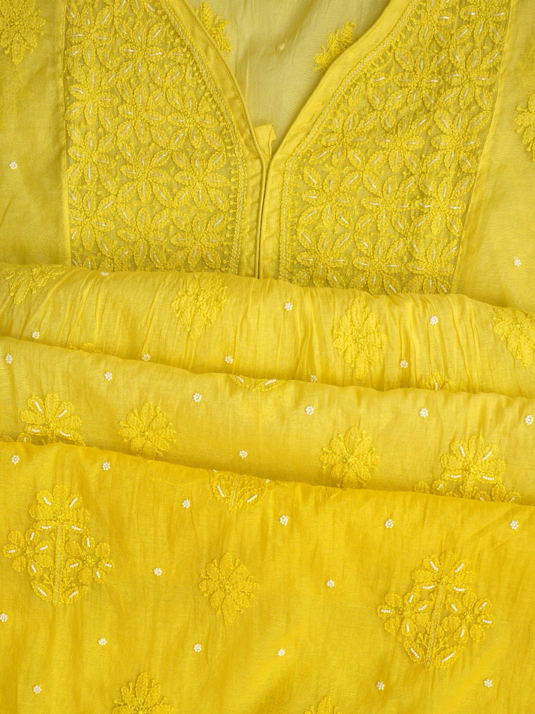 Ada Hand Embroidered Lime Green Chanderi Lucknowi Chikankari Semi-Stitched Kurta Dupatta Set With Cutdana Work 01A813874