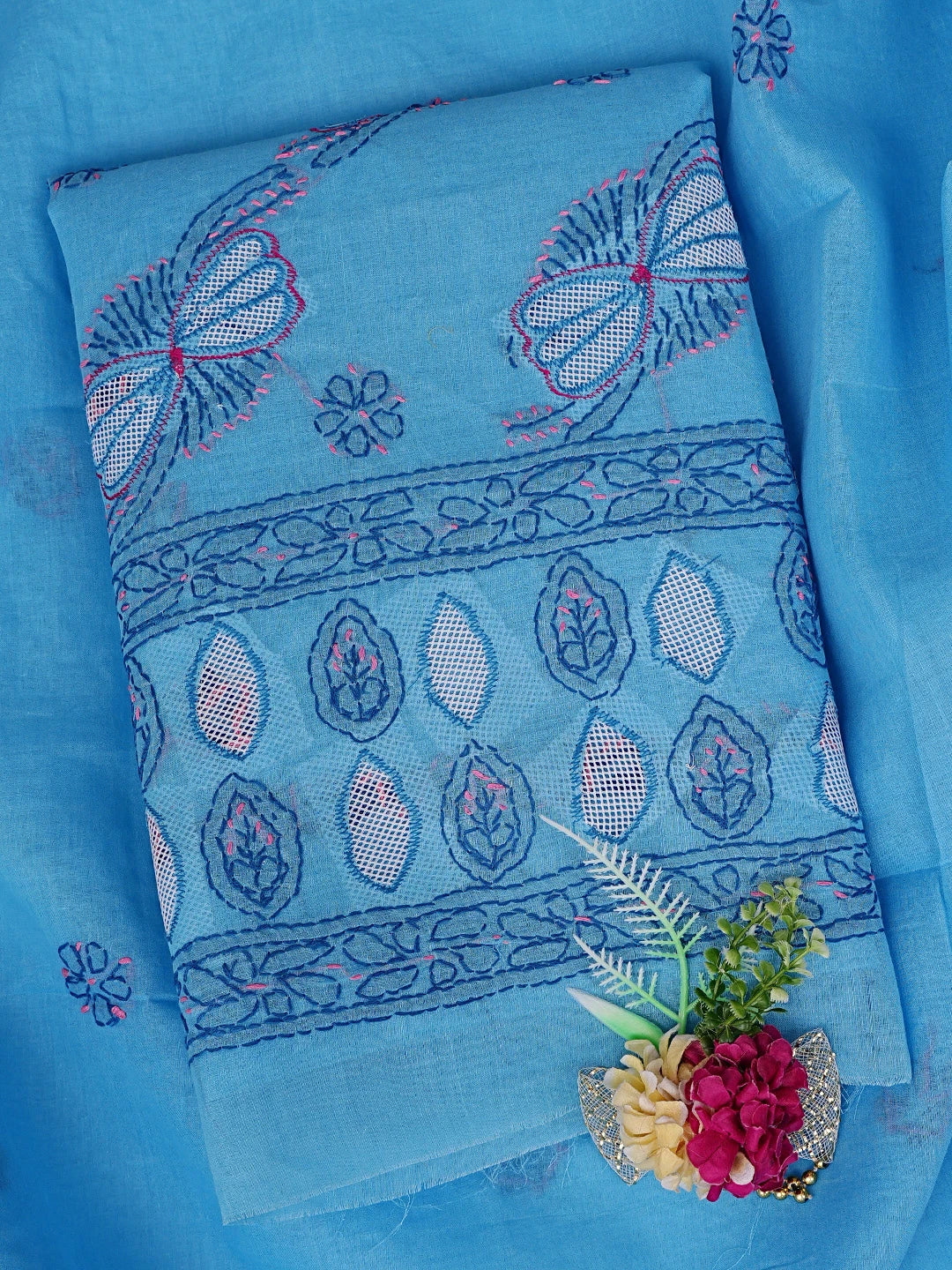 Ada Hand Embroidered Aero Blue Cotton Lucknowi Chikankari Unstitched Suit Piece 01A853538
