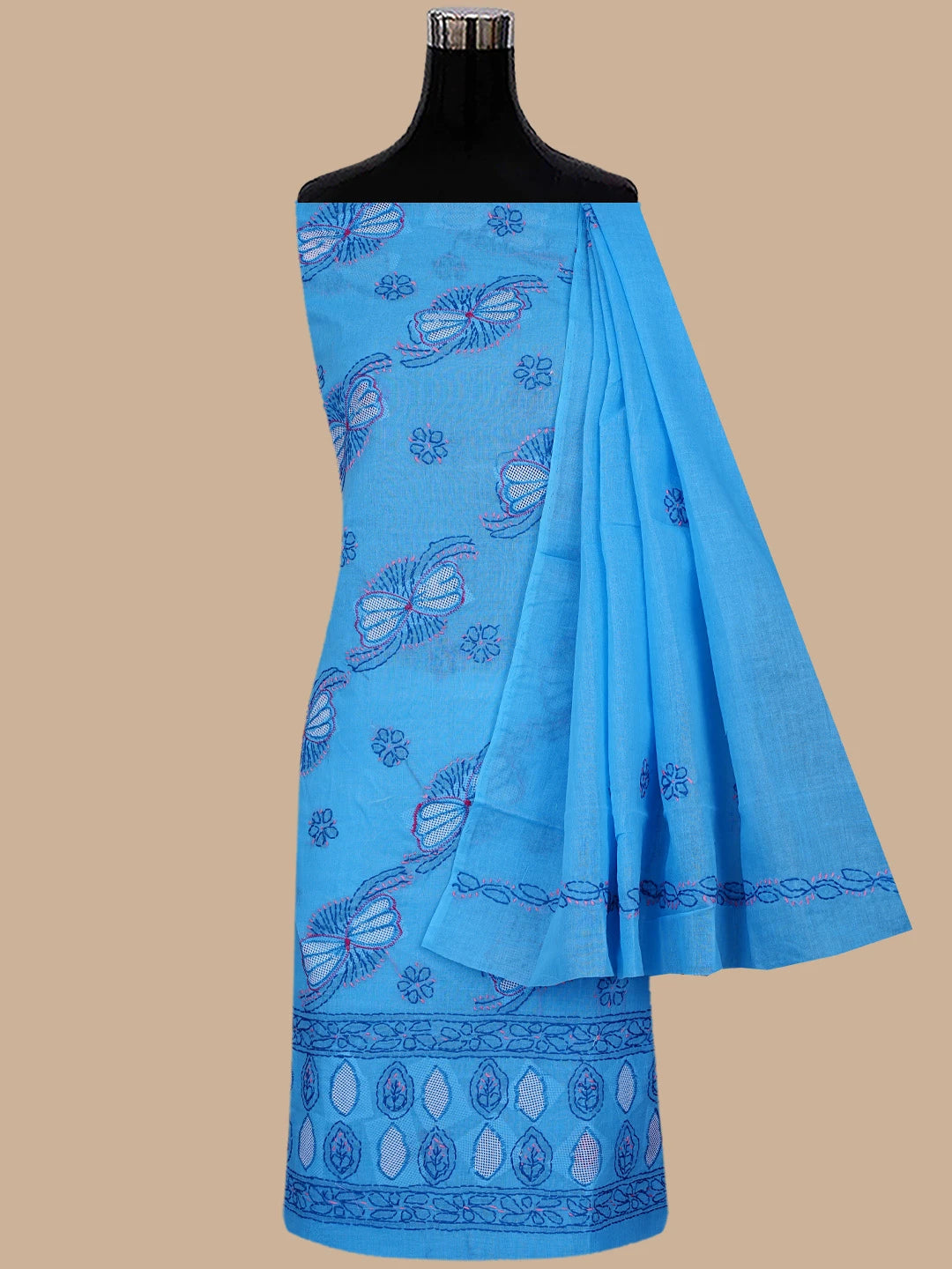 Ada Hand Embroidered Aero Blue Cotton Lucknowi Chikankari Unstitched Suit Piece 01A853538