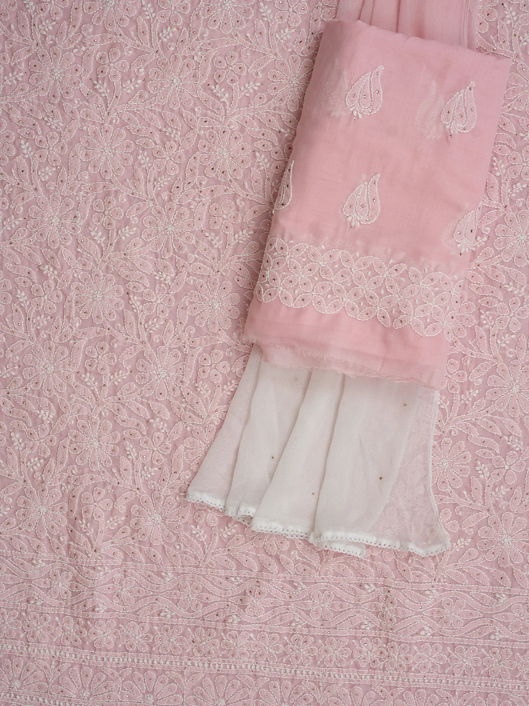 Ada Hand Embroidered Pink Cotton Lucknowi Chikankari Unstitched Suit Piece With Mukaish Work 01A847349