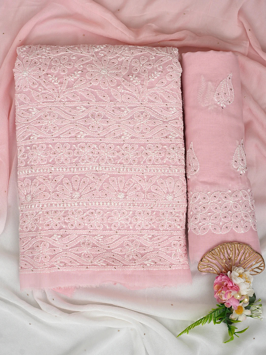Ada Hand Embroidered Pink Cotton Lucknowi Chikankari Unstitched Suit Piece With Mukaish Work 01A847349