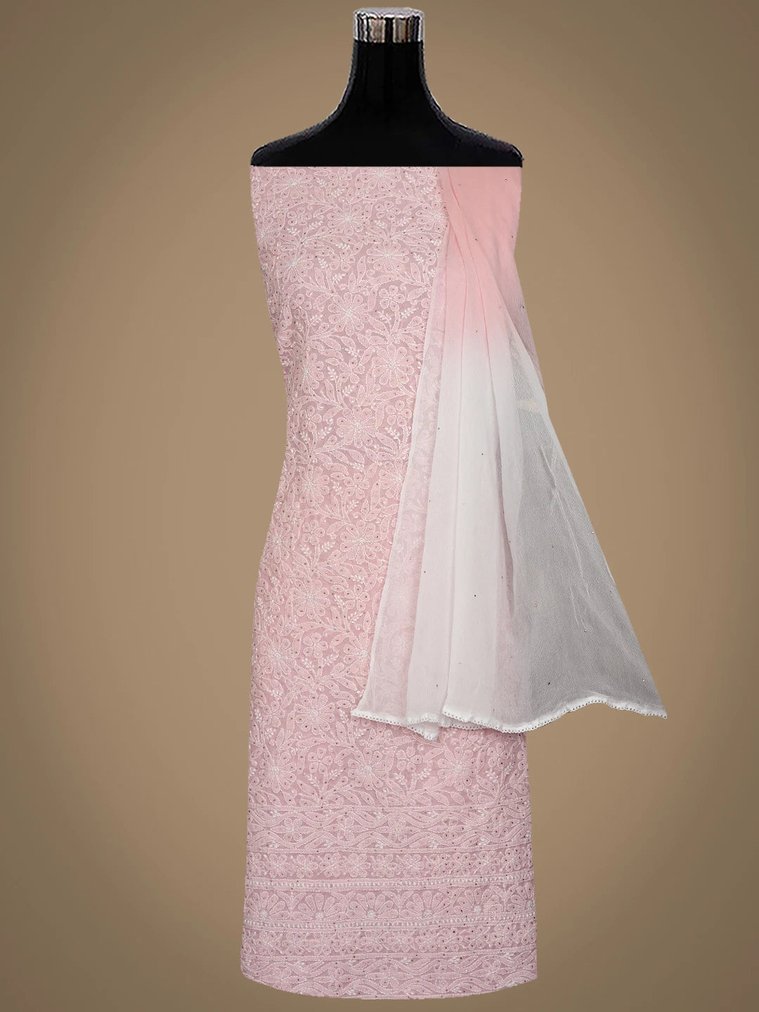 Ada Hand Embroidered Pink Cotton Lucknowi Chikankari Unstitched Suit Piece With Mukaish Work 01A847349