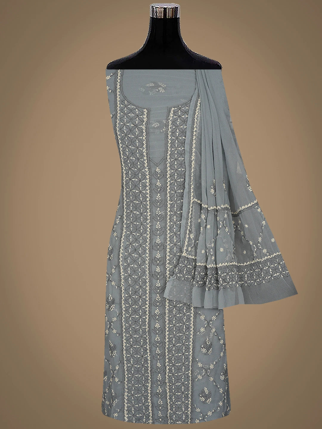 Ada Hand Embroidered Grey Georgette Lucknowi Chikankari Unstitched Suit Piece 01A867514