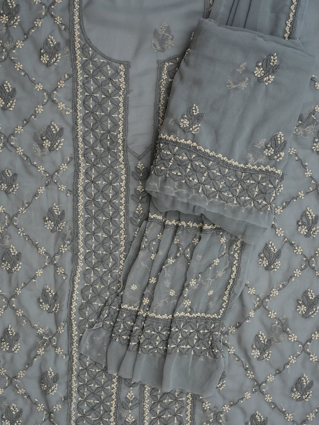 Ada Hand Embroidered Grey Georgette Lucknowi Chikankari Unstitched Suit Piece 01A867514