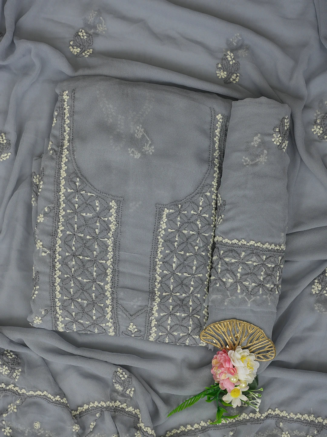 Ada Hand Embroidered Grey Georgette Lucknowi Chikankari Unstitched Suit Piece 01A867514