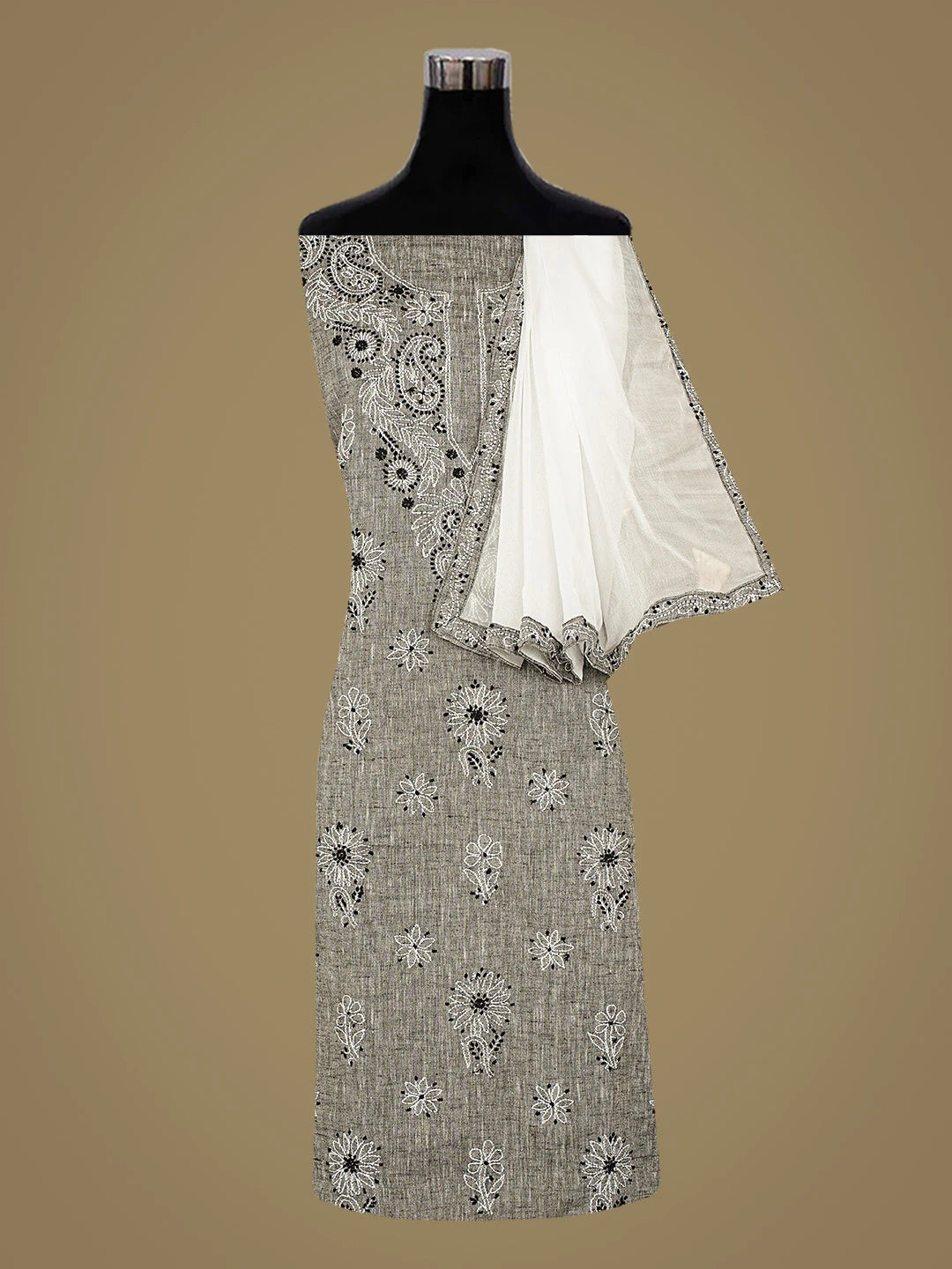Ada Hand Embroidered Grey Linen Lucknowi Chikankari Unstitched Suit Piece 01A867665