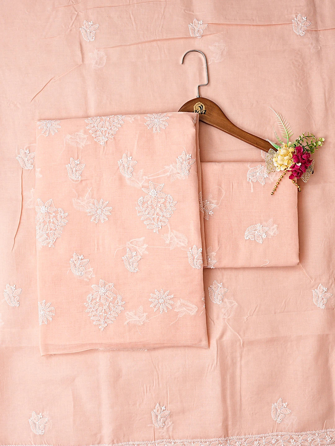 Ada Hand Embroidered Peach Cotton Lucknowi Chikankari Unstitched Suit Piece 01A867751