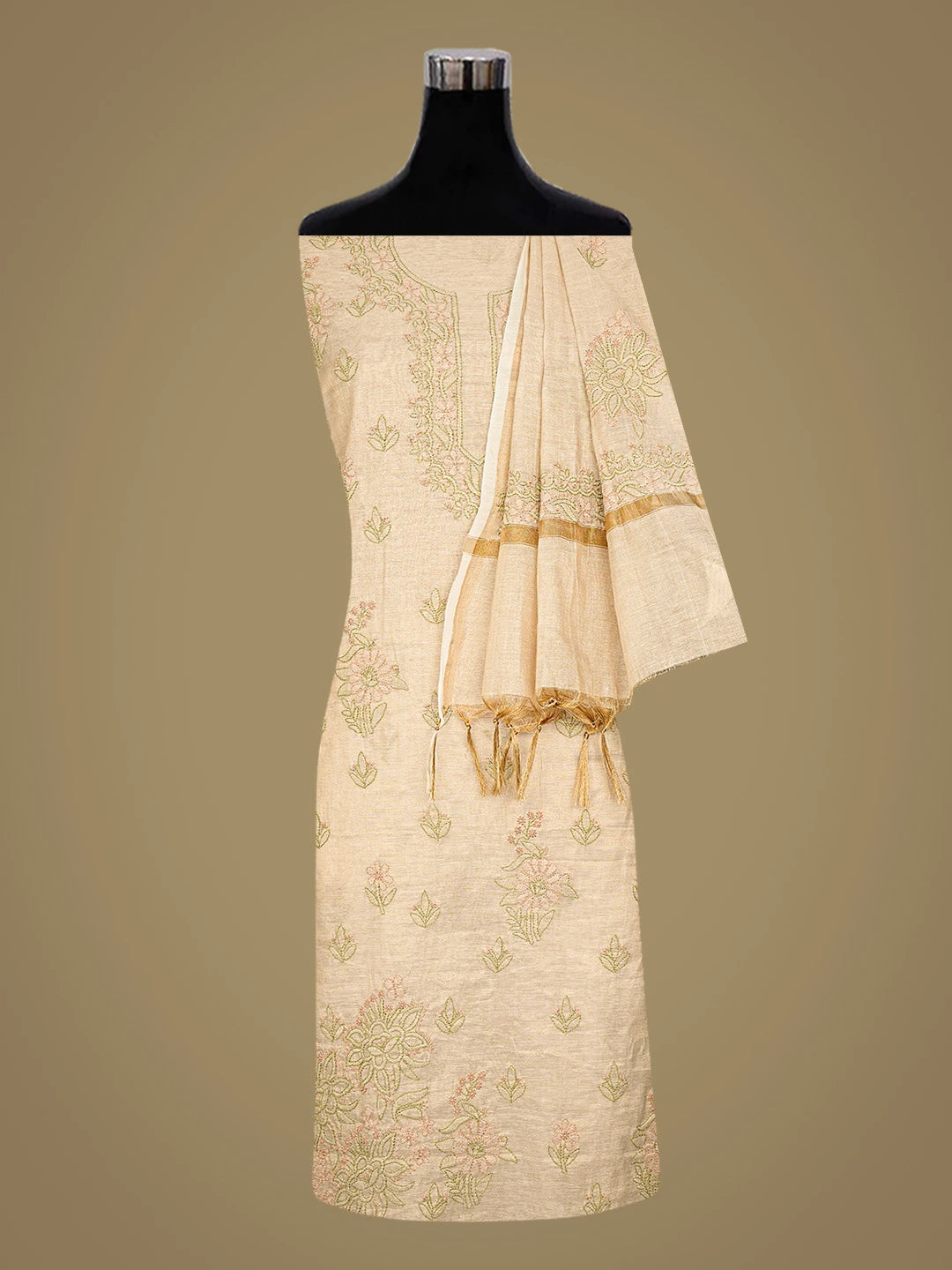 Ada Hand Embroidered Fawn Tissue Lucknowi Chikankari Unstitched Kurta Dupatta Set 01A867712