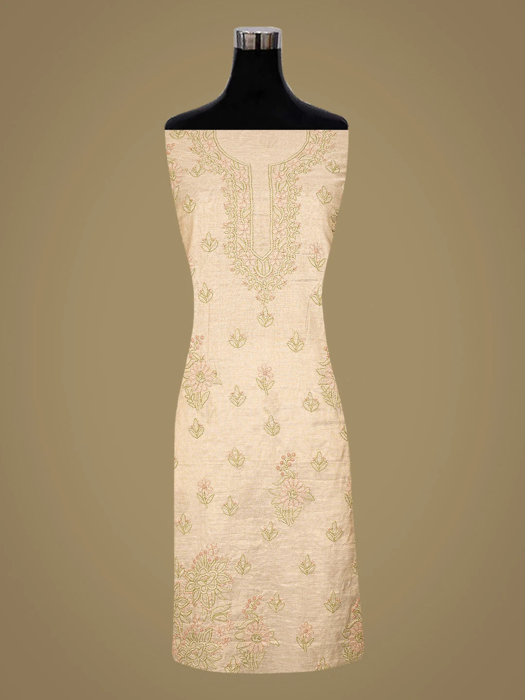 Ada Hand Embroidered Fawn Tissue Lucknowi Chikankari Unstitched Kurta Dupatta Set 01A867712