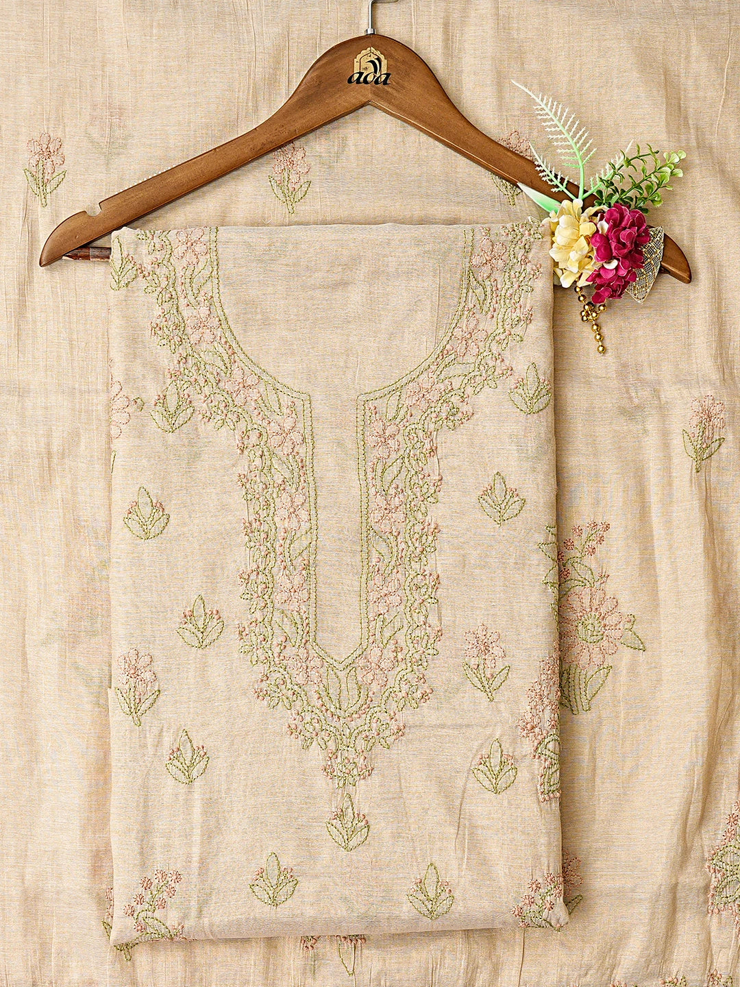 Ada Hand Embroidered Fawn Tissue Lucknowi Chikankari Unstitched Kurta Dupatta Set 01A867712