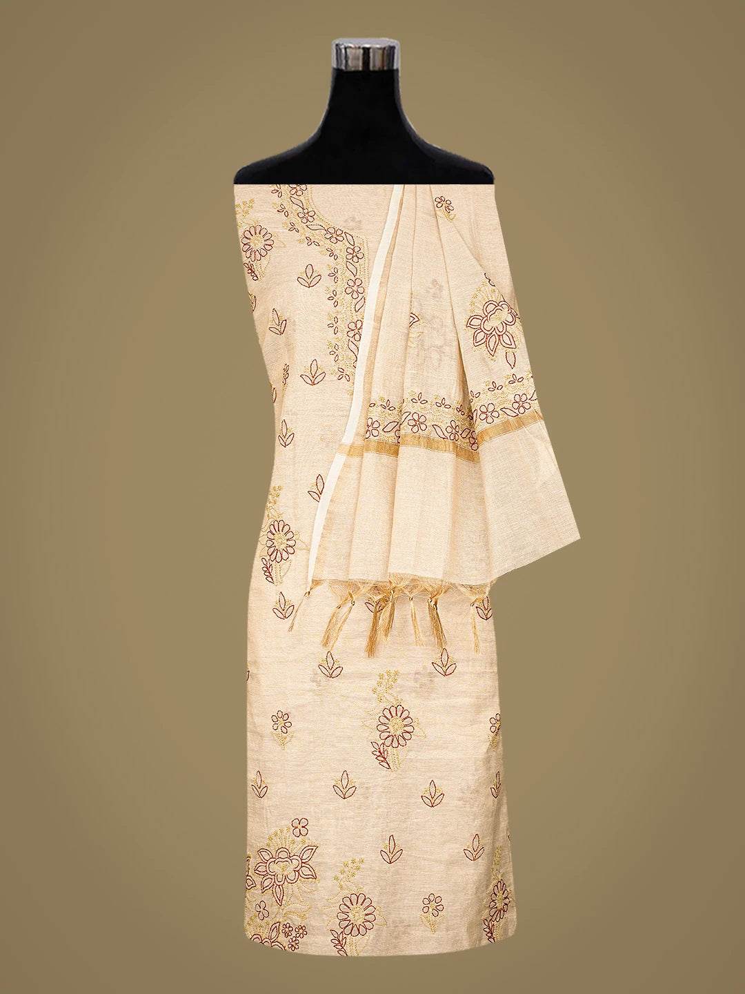 Ada Hand Embroidered Fawn Tissue Lucknowi Chikankari Unstitched Kurta Dupatta Set 01A867710