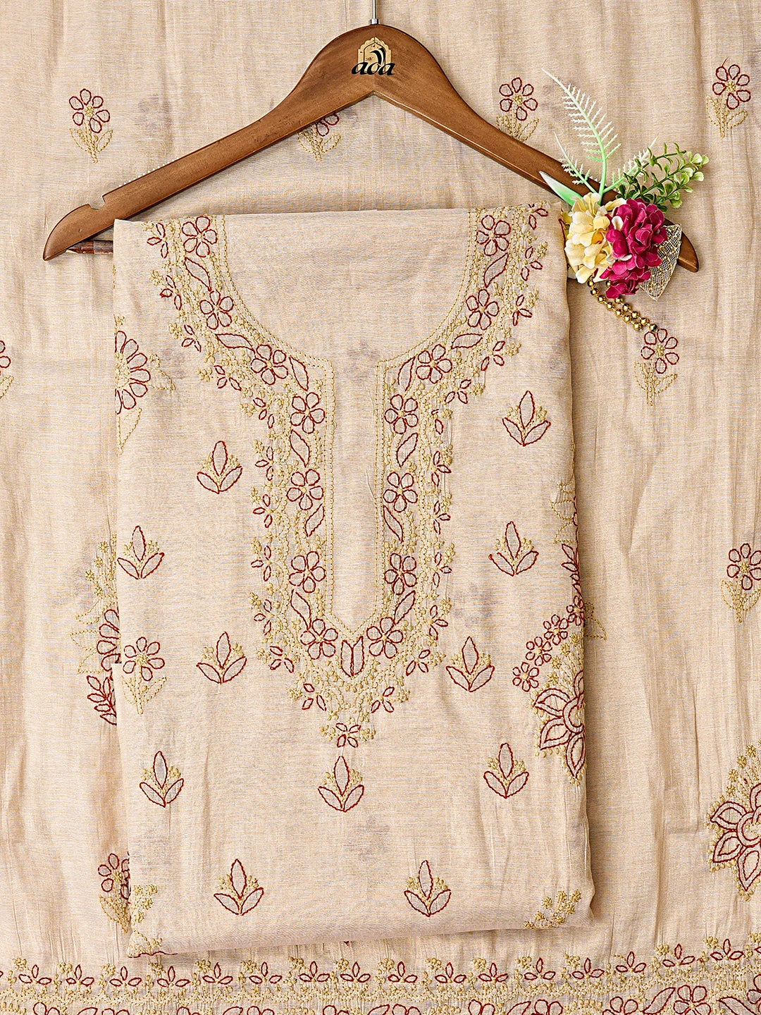 Ada Hand Embroidered Fawn Tissue Lucknowi Chikankari Unstitched Kurta Dupatta Set 01A867710