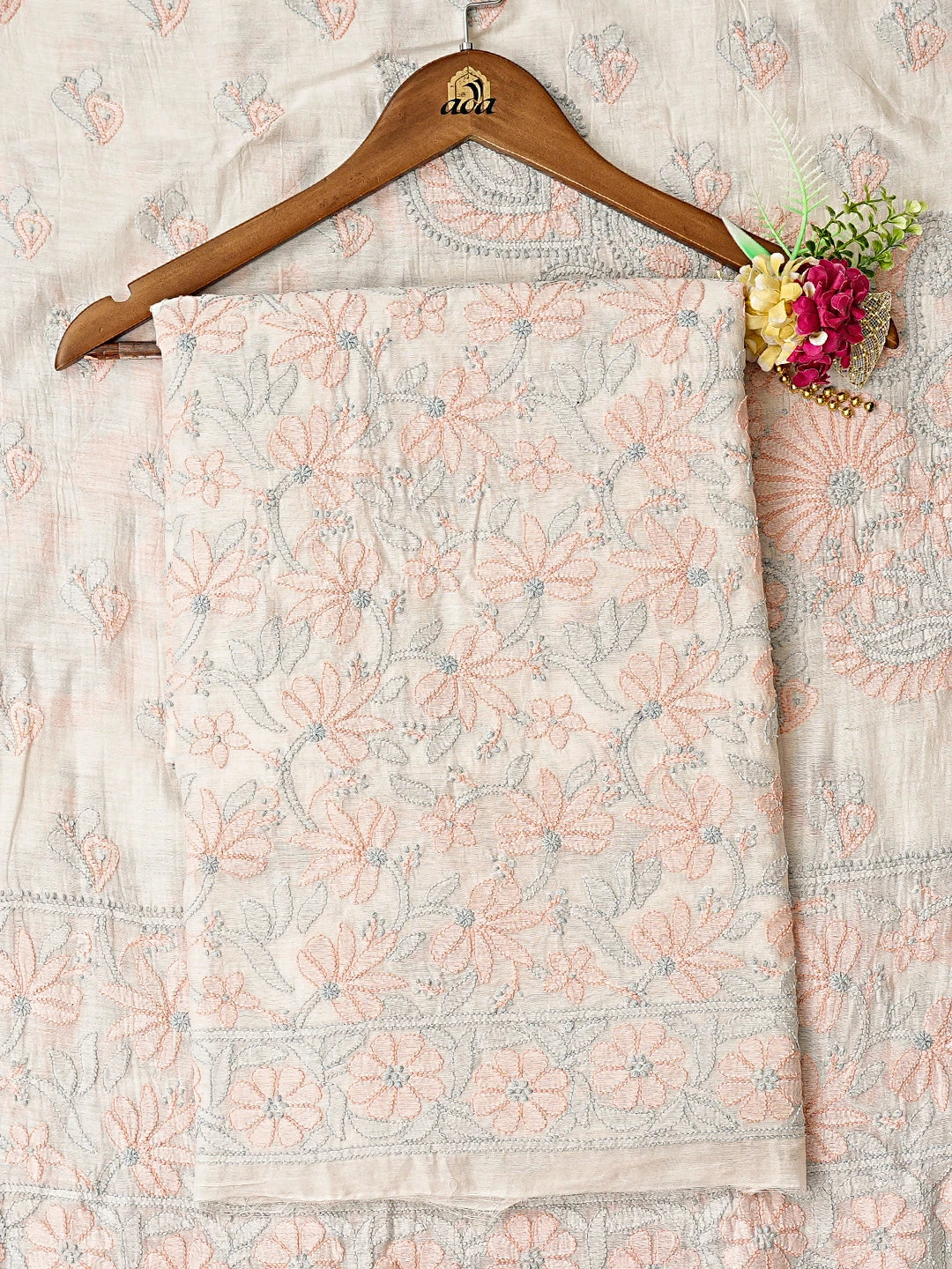 Ada Hand Embroidered White Chanderi Lucknowi Chikankari Unstitched Kurta Dupatta Set 01A867737