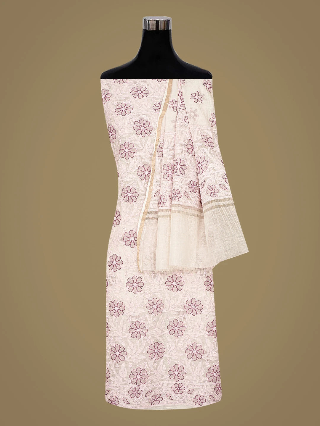 Ada Hand Embroidered White Chanderi Lucknowi Chikankari Unstitched Kurta Dupatta Set 01A867743