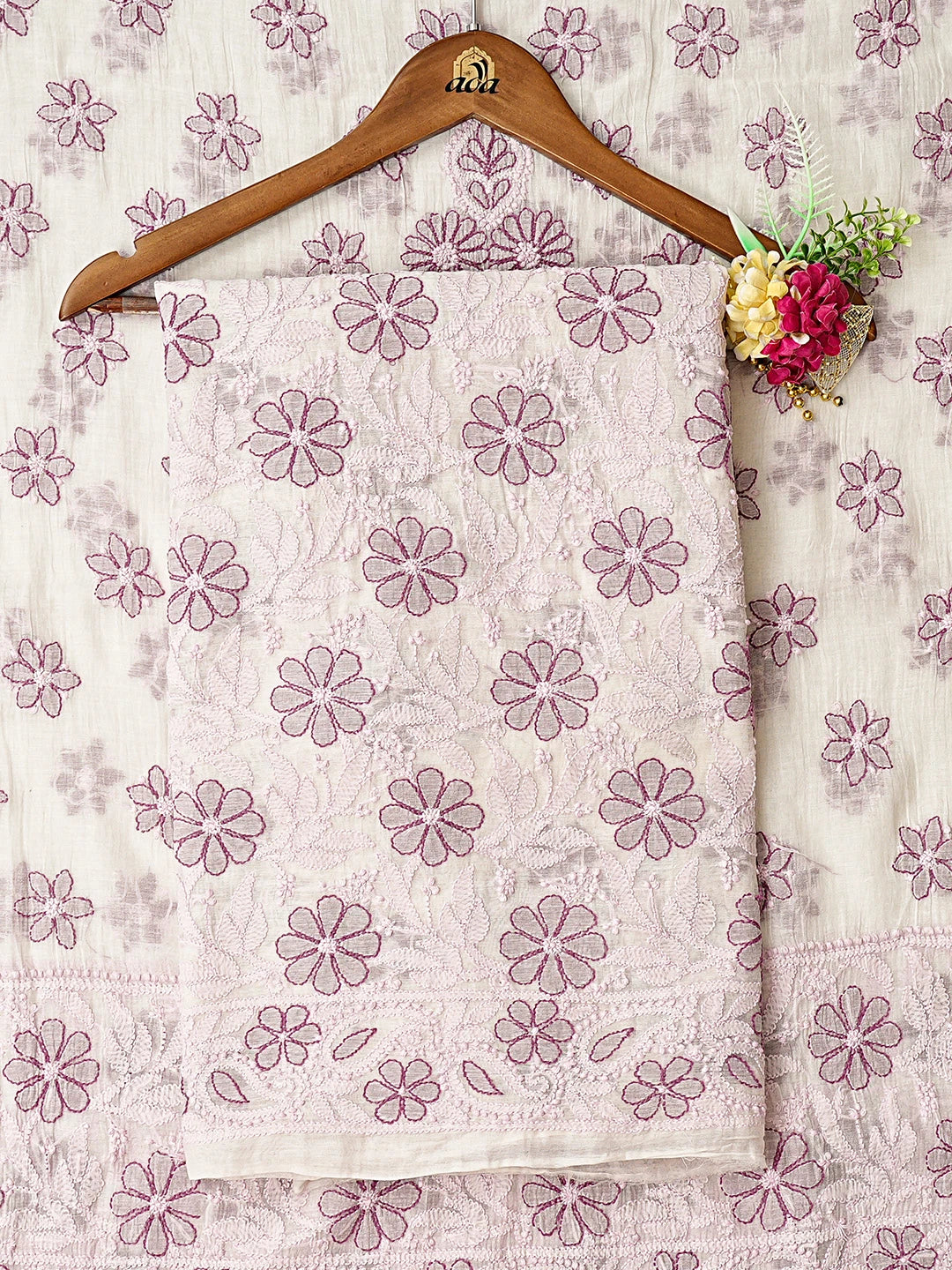 Ada Hand Embroidered White Chanderi Lucknowi Chikankari Unstitched Kurta Dupatta Set 01A867743